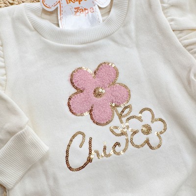 Conj. Casaco de Moletom Chic Flor e Calça Ribana em Plush - Off White e Risa